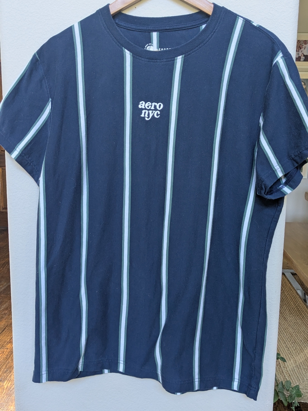 Aeropostale Navy Vertical Stripe Tee with Light Blue Accents
